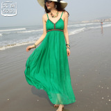 夏季海边真丝连衣裙 吊带显瘦沙滩长裙 绿色波西米亚度假礼服长裙