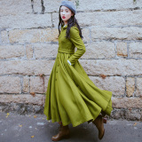 撒哈拉原创设计羊毛呢长款大摆橄榄绿风衣外套秋冬新款女装 错爱