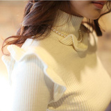 秋冬新款韩版女装修身荷叶边针织衫长袖高领打底衫高领毛衣女冬厚