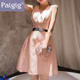 Palglg夏季新款女装2016韩版修身收腰性感V领无袖拼色连衣裙短裙