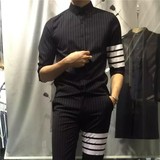 韩国大牌时尚条纹TB七分袖衬衫男潮英伦修身七分袖衬衣 有套装