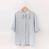 韩版夏季新品纯棉麻宽松荷叶边中短袖衬衫女兔耳朵OL气质开衫衬衫