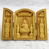 黄杨木精雕居家佛像摆件 随身佛堂佛龛西方三圣如来佛观音 三开盒