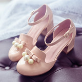 日系少女凉鞋甜美公主鞋6CM高跟鞋学生珍珠鞋夏天裸粉色粗跟皮鞋