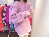 韩国范甜美粉色宽松质量好蝙蝠袖加厚套头大毛衣外套女针织衫上衣