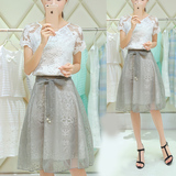 2016夏装新款名媛女装欧根纱两件套中长款连衣裙蕾丝短袖套装裙子