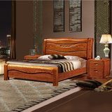 实木双人床中式美国红橡木1.5 1.8现代卧室家具储物高箱雕花婚床