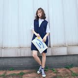 夏季韩版学院风拼接假两件连衣裙女中长款学生短袖雪纺衬衫裙L708