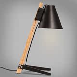 北欧原木质台灯现代卧室床头柜灯阅读铁艺灯罩实木三叉黑色台灯