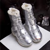 冬季新款魔术贴银色厚底皮毛一体雪地靴女短靴真皮保暖中筒女棉鞋