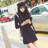 韩国代购2016春装新款长袖针织双排扣修身显瘦英伦小香风连衣裙女