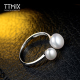 Ttmix天然淡水大小珍珠韩国925银复古饰品女时尚银饰潮流开口戒指