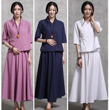 日常改良汉服女装中袖棉麻中长款旗袍上衣中式女装中国风茶人服女