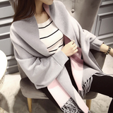 苏米亚2015韩版秋冬气质休闲新款加厚双色流苏披肩外套开衫毛衣女