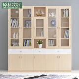 现代简约书架置物架书柜 自由组合钢化玻璃门书柜带抽屉白枫木色