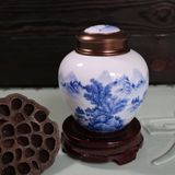 景德镇陶瓷青花手绘山水小元宝三两装合金盖双层密封茶叶罐储物罐