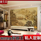 中式客厅电视瓷砖背景墙3D艺术雕刻壁画沙发影视背景墙砖古典山水