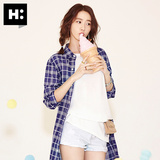 H:CONNECT韩版时尚女装中长款格纹印花衬衫外套薄款2016春夏新款