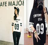 韩版女装新款春夏大码宽松蝙蝠衫学生体恤中长款印花字母短袖T恤