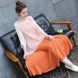 中国风 2016棉麻女装圆领纯色亚麻连衣裙中长款两件套棉麻裙子