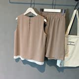 2016夏季新品女装 气质两件套装 韩版无袖雪纺衫 宽松五分阔腿裤