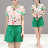 2016夏季新款韩国修身显瘦两件套印花上衣短裤套装女夏装时尚潮