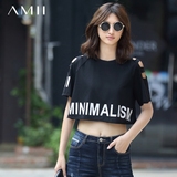 Amii2016漏肚脐短款T恤女夏季百搭宽松镂空露肩短袖性感露脐上衣