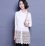 2016春季新款韩版女装中长款蕾丝镂空长袖衬衫领打底衫