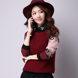 2015秋冬新款大码韩版女装宽松短款假两件套头毛衣针织衫打底外套