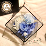 新款永生花水立方玻璃花盒礼物 情人节生日送女友老婆保鲜玫瑰花