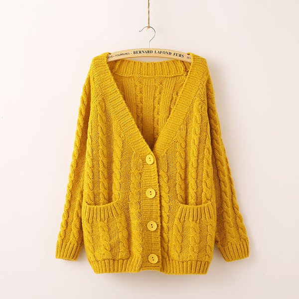 秋冬衣服 宽松大码v领麻花毛衣开衫外套口袋马海毛针织衫女韩版潮