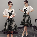 套装女2016夏季新款韩版短袖上衣欧根纱印花半身裙两件套连衣裙女