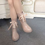 欧美时尚纯色中筒女士马丁雨靴丝带塑胶高跟雨鞋厚底橡胶韩版鞋