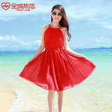 2016雪纺连衣裙夏季波西米亚沙滩裙短裙海边度假显瘦红色吊带裙子