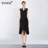 Tinee无袖挂脖黑色连衣裙 夏装收腰修身不规则燕尾前短后长小黑裙