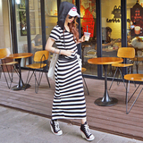 夏季新款韩国时尚连帽长裙条纹两件套装修身显瘦针织连衣裙包臀女