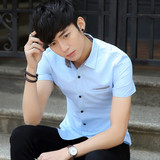 男士衬衫2016新款 夏季修身青少年纯棉半袖衬衣 中袖纯色韩版短袖