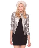 2016 外贸原单新款 立领PU皮帅气机车服女式银色短款夹克开衫外套