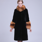 2015新款皮毛一体女大衣紫貂狐狸毛领羊羔毛长款羊剪绒真皮草外套