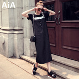 AIA欧洲站2016夏季新款女装连衣裙宽松条纹字母背带裙长款吊带裙