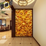 大型壁画玄关壁纸3d立体客厅竖版走廊过道墙纸中式黄金龙纹木浮雕