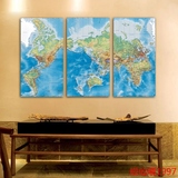 世界地图挂画中国地图三拼挂图办公室背景墙装饰画超大无框中英文