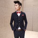 男西服套装2016新款韩版男生个性刺绣修身西装三件套新郎结婚礼服
