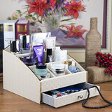 办公桌面化妆品收纳盒梳妆台置物架创意大号木制带抽屉欧式家用款