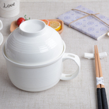 韩式创意面碗 带盖纯白陶瓷碗日式米饭汤碗带把面杯餐具带勺包邮