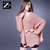 ZK女装2016冬装新款长袖娃娃领蝙蝠衫加厚宽松系带针织毛衣中长款