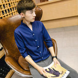 韩版夏季男士五分袖修身衬衫中袖纯色立领衬衣发型师型男工作服潮
