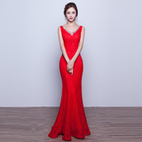 韩或2016春季新款红色新娘敬酒服鱼尾深V露背 长款礼服修身显瘦女
