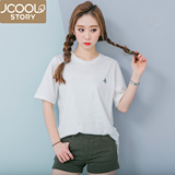 韩国刺绣学生中长款纯棉宽松短袖T恤女韩版前短后长开叉上衣夏季