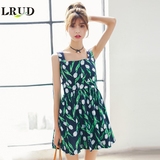 LRUD2016夏季新款韩版一字领植物印花连衣裙女高腰中长款A字裙